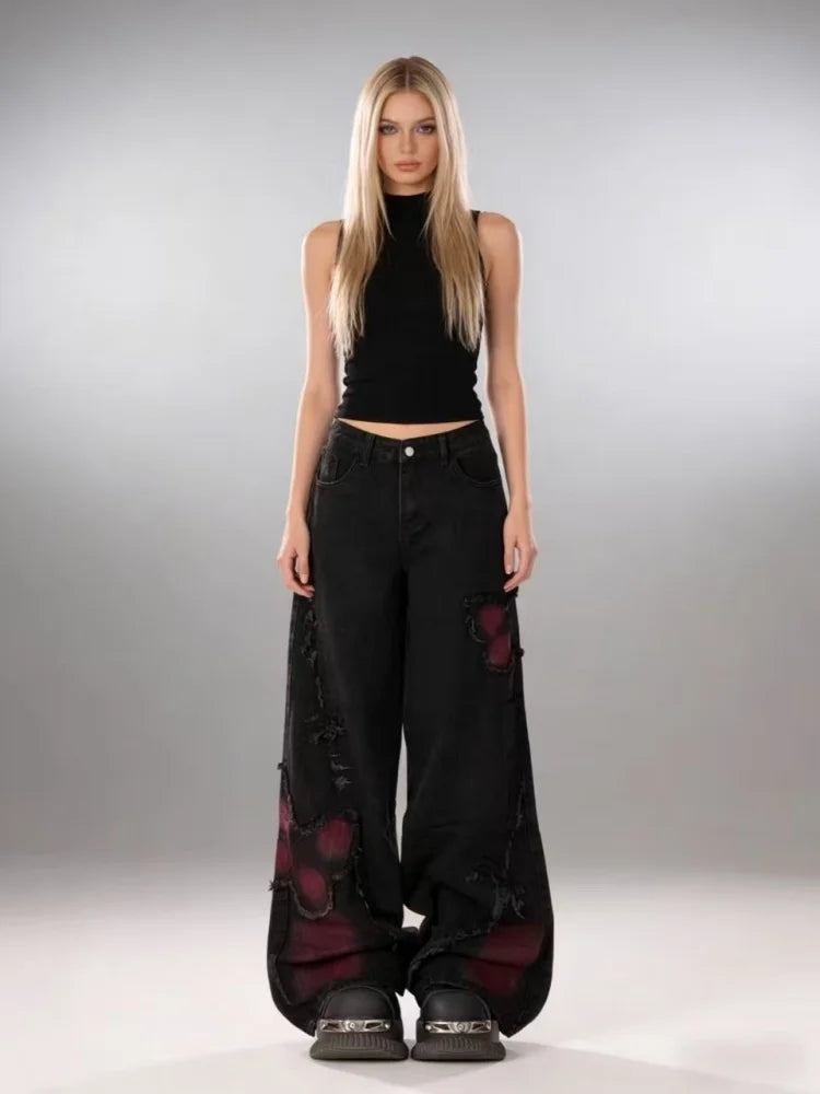 Women's Baggy Butterfly Jeans Vintage 90s Aesthetic Cowboy Pants Harajuku Oversize Denim Trousers Y2k 2000s Black Gothic Clothes