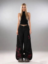 Women's Baggy Butterfly Jeans Vintage 90s Aesthetic Cowboy Pants Harajuku Oversize Denim Trousers Y2k 2000s Black Gothic Clothes