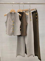 French Style 3-Piece Jacquard Knit Pant Suit – Elegant Vest, Cardigan & Wide-Leg Trousers
