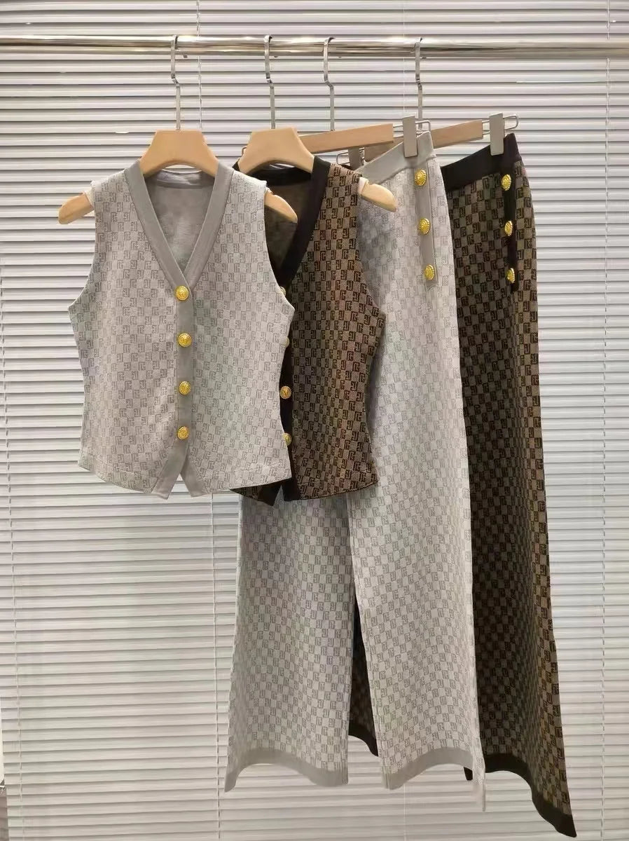 French Style 3-Piece Jacquard Knit Pant Suit – Elegant Vest, Cardigan & Wide-Leg Trousers