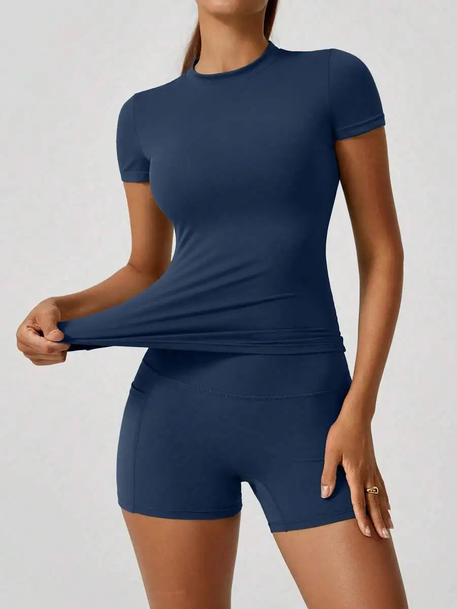 Women's Sculpting Sports Short Sleeve & High-Waist Shorts Set