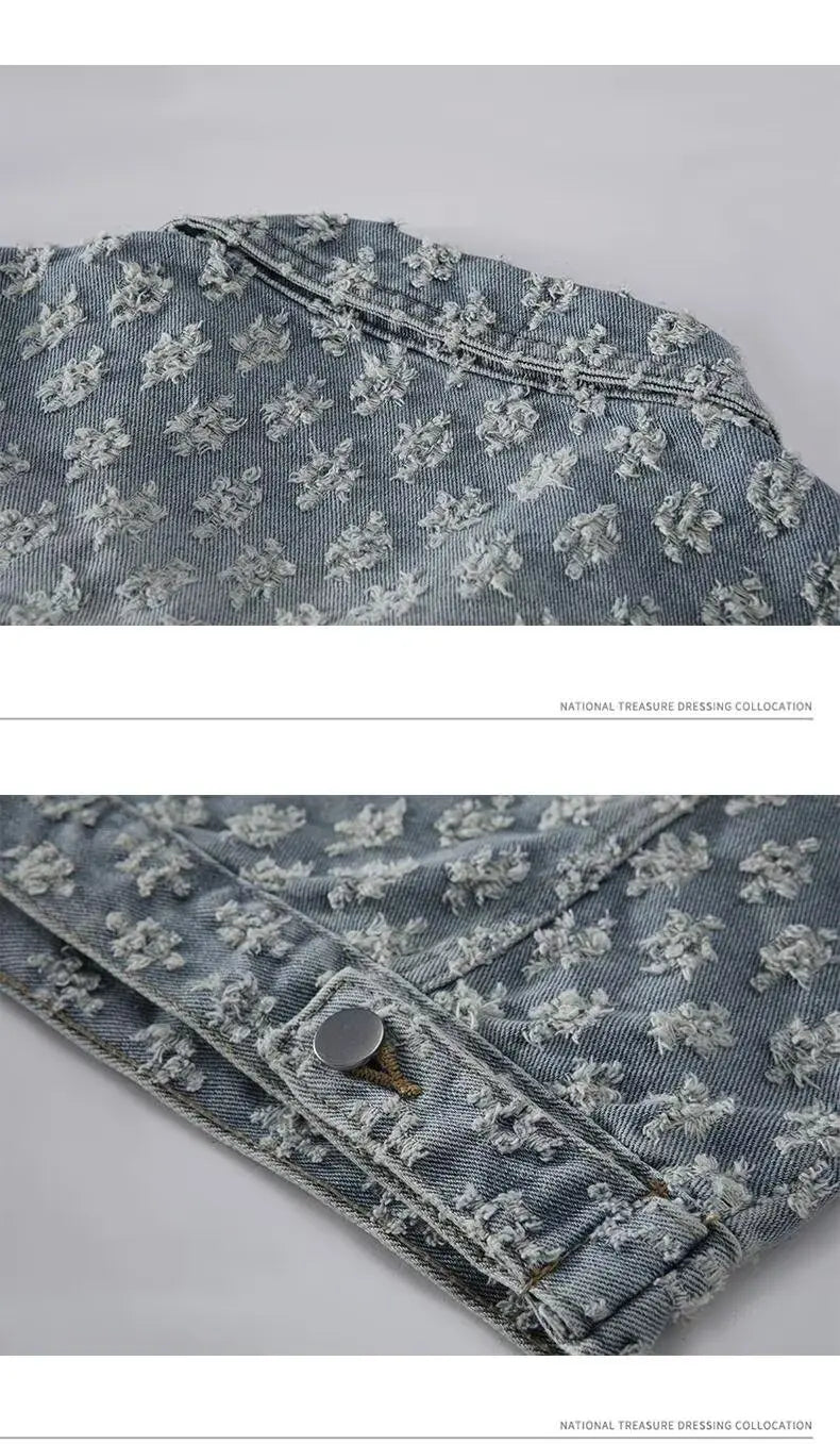 Fashionable Premium Jacquard Washed Denim Jacket for Men - Autumn New Arrival American Vintage Distressed Streetwear Style