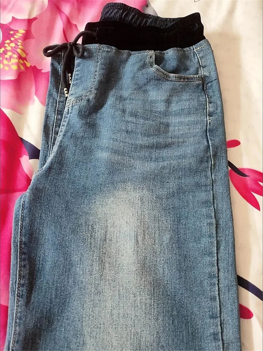 Winter Wide Leg Denim Pants Women Thicken Plush Velvet Lined High Waist Jeans Lace Up Warm Baggy Straight Vaqueros Pantalones