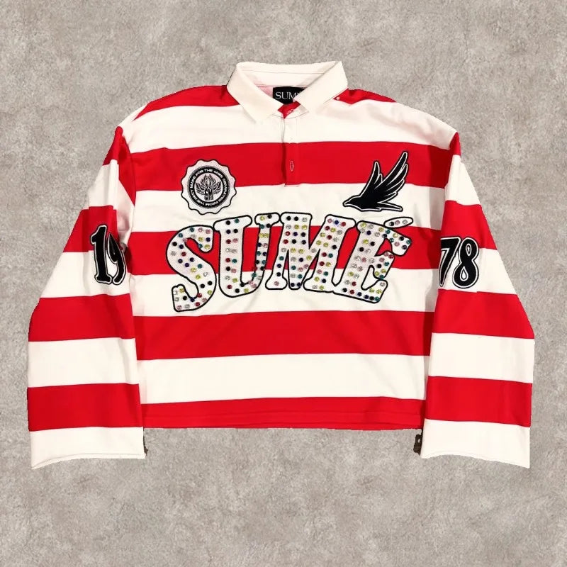 Y2K Retro Stripe Polo Shirt – Embroidered Hip Hop Streetwear