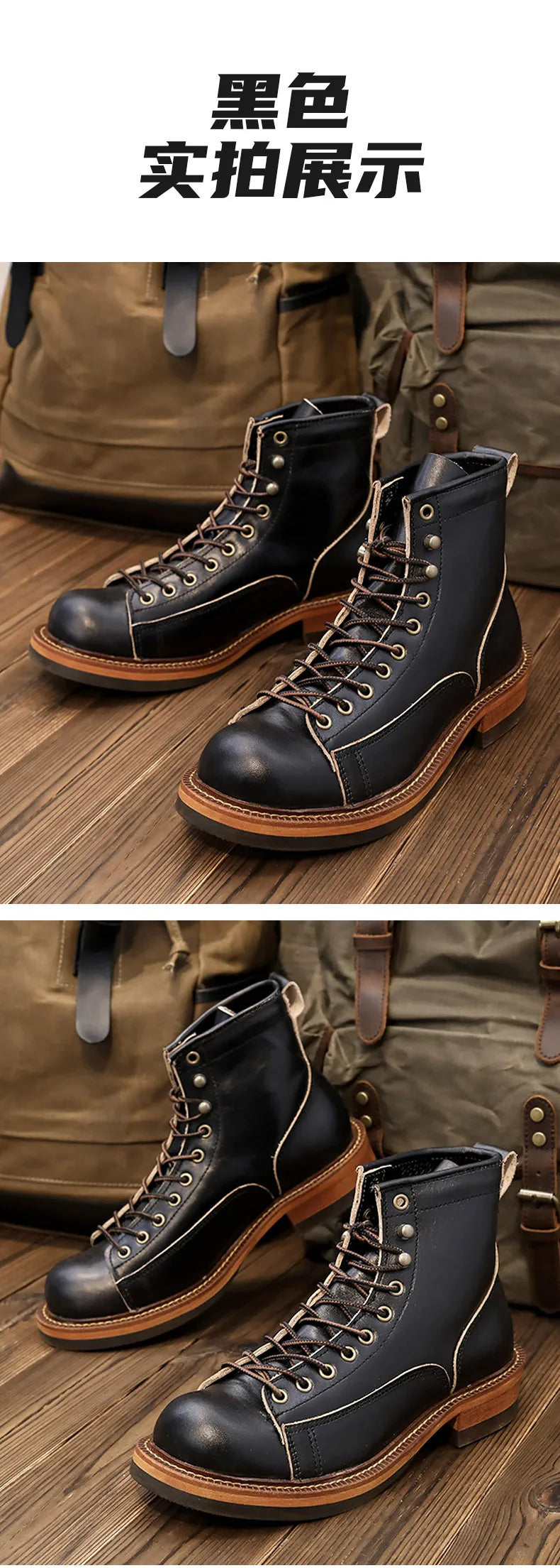 KOWM Hiking shoes men's walking boots British thick soled cowhide high top motorcycle boots ankle sneakers  casual trekking shoe