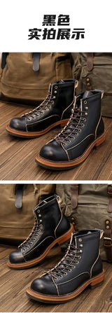 KOWM Hiking shoes men's walking boots British thick soled cowhide high top motorcycle boots ankle sneakers  casual trekking shoe