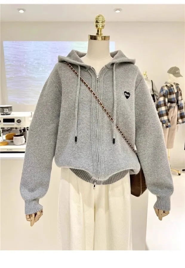 Women’s Heart Embroidery Oversized Knitted Cardigan – USA Made Warm Winter Hoodie