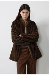 Women's Short Faux Fur Coat with Stand Collar