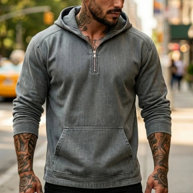 Spring/Autumn Men's Hoodie Denim Streetstyle Zip-Up | Short-Sleeved Sweatshirt | New Casual & Versatile Casualwear Top for Man