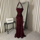 Wine Red Halter Prom Dress – Beaded Mermaid Gown