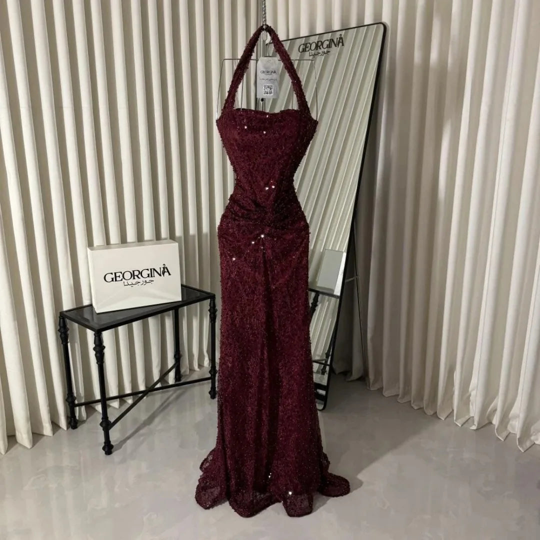 Wine Red Halter Prom Dress – Beaded Mermaid Gown
