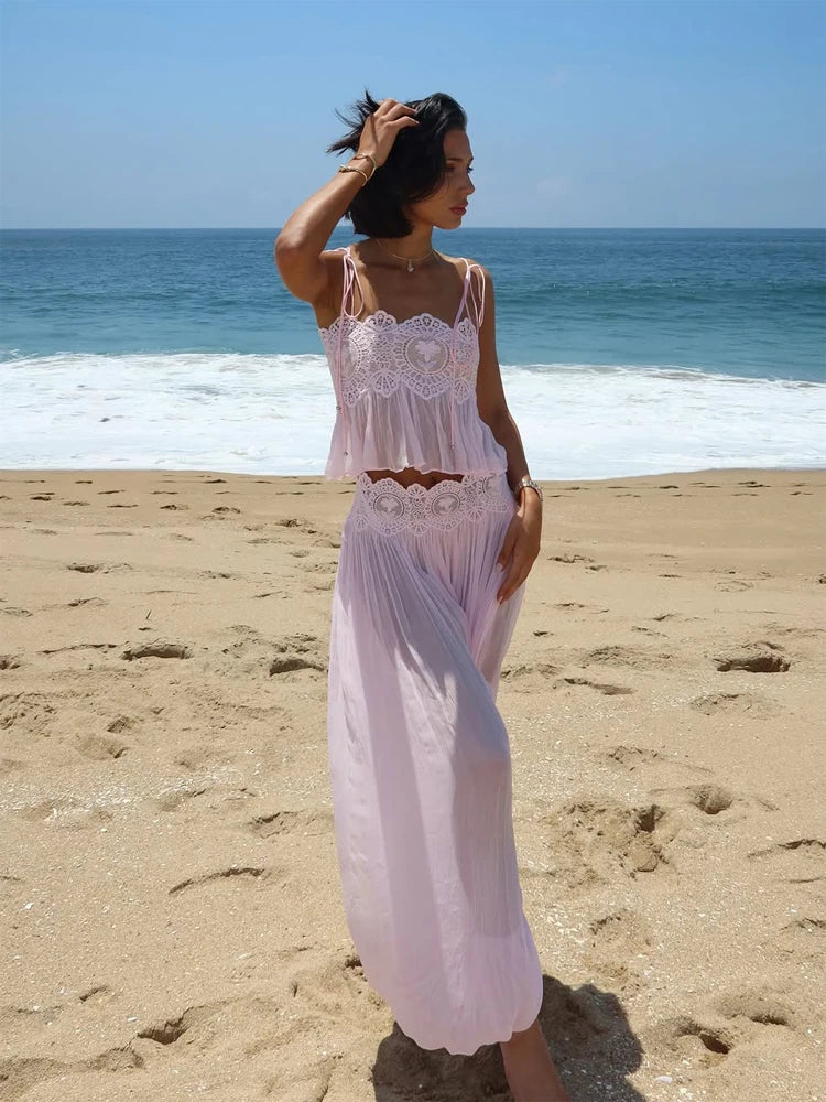 Women Floral Lace Sheer Layers Skirt Set Suspenders Ruffle Top High Waist Maxi Skirts 2026 Summer Beach Vacation Female Outfits