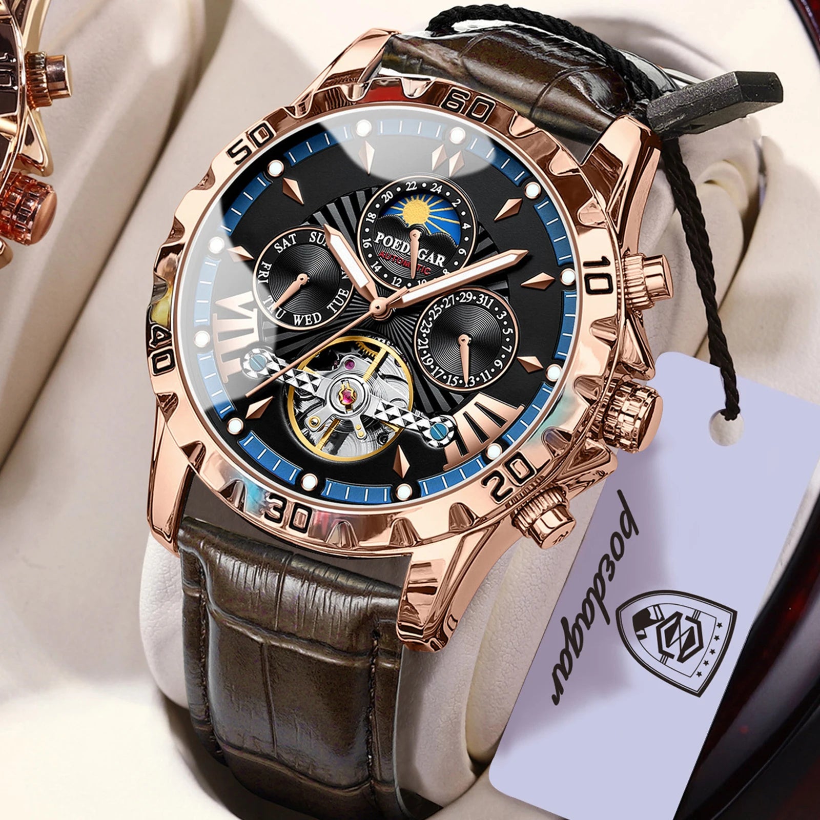 POEDAGAR Luxury Men Watch Luminous Waterproof Hollow Tourbillon Male Clock Week Date Business Automatic Mechanical Men's Watches