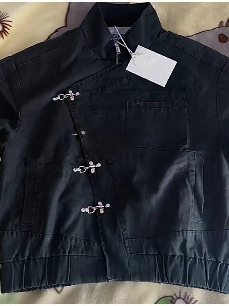 Stylish Girl Stand Collar Street Jacket Personality Button Zipper Solid Jacket Date Commuter Clothing Female New Casual Clothes