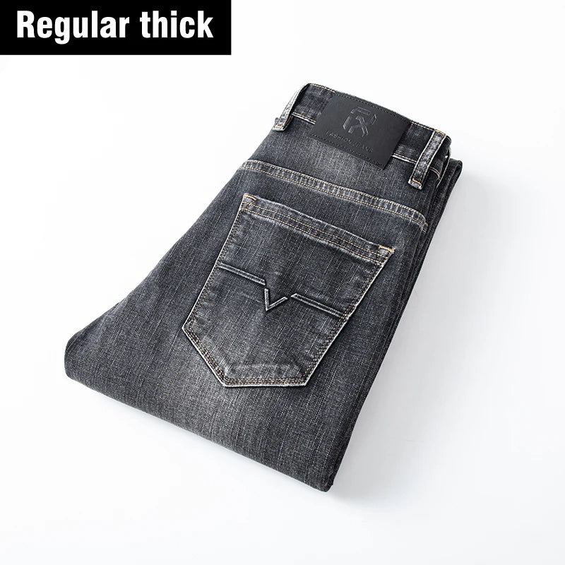 2025 Autumn New Men Regular Fit Stretch Jeans Classic Style Smoky Gray Fashion Casual Denim Pants Male Brand Trousers Blue