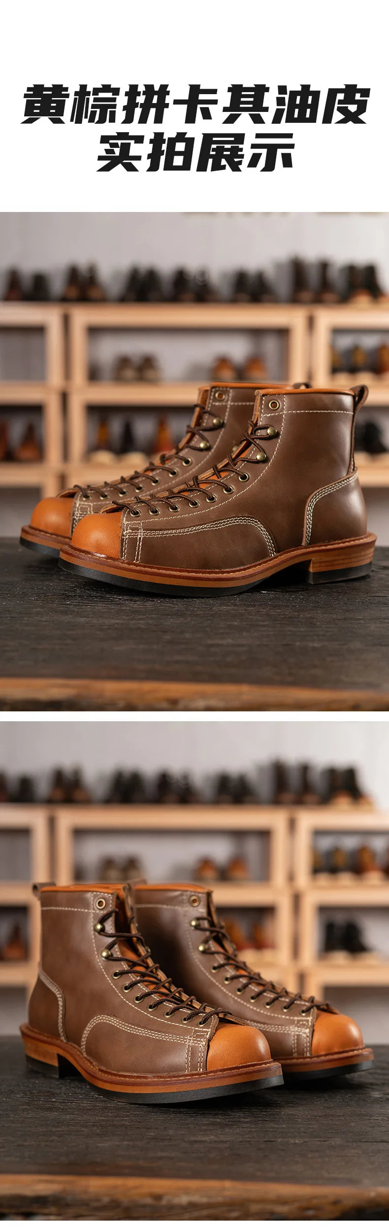 KOWM Hiking shoes men's cowhid boots British leather trekking shoes thick soled ankle sneakers cowhide high top motorcycle boots