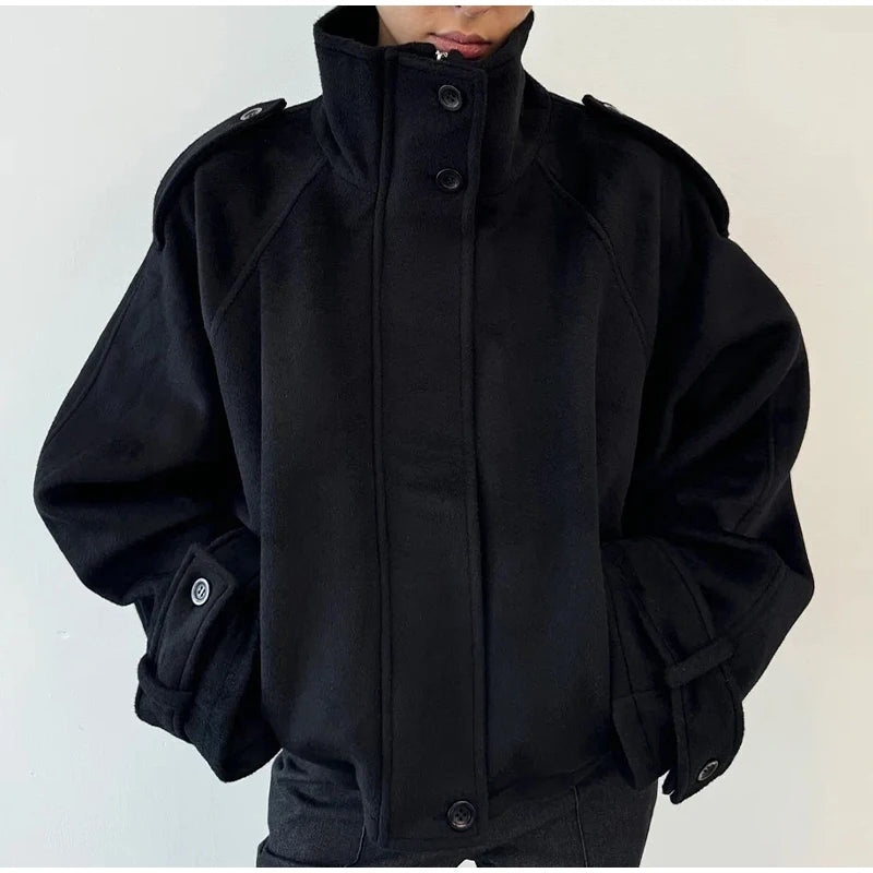 Fashion Short Woolen Coat Women Stand Collar Single-breast Full Sleeve Loose Pocket Jacket Female 2026 Autumn Solid Lady Outwear