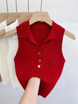 Summer Turn Down Collar Gold Button Slim Knitted Sweater Vests Elegant Knitwear Tank Tops BSTFSC-m1948