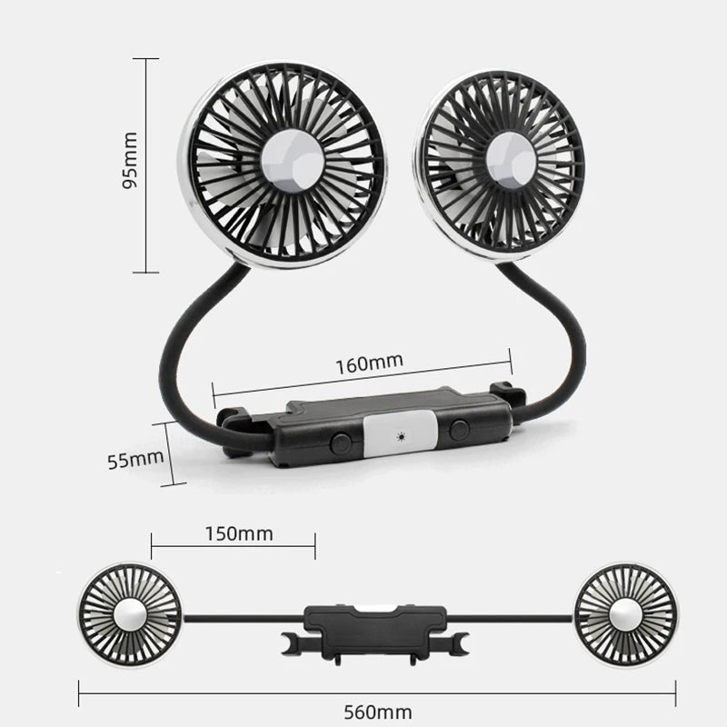 SEAMETAL Dual-Head USB Car Fan | 3-Speed 360° Cooling