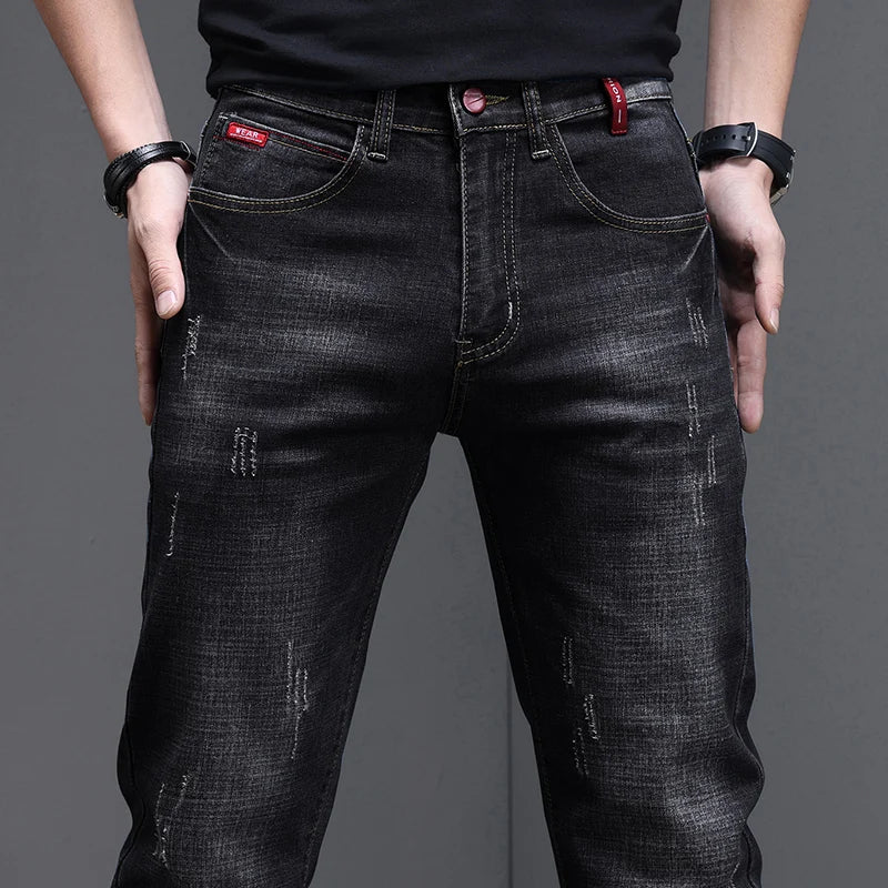 Embroidered Jeans Men's Autumn Winter New Korean Fashion Slim Little Feet Trousers Stretch Vintage Street Denim Trousers Male