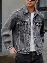 American style multi pocket denim jacket for men blue grey vintage washed loose fitting versatile trendy workwear jacket