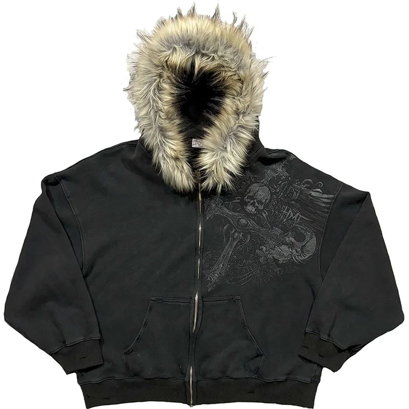 Y2K Aesthetic Faux Fur Zip-Up Hoodie