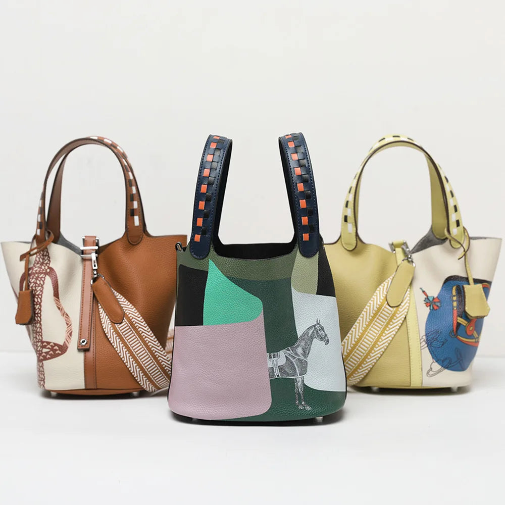 Purses and Handbags Bags for Women Painting Vegetable Basket Handbag Adjustable Shoulder Strap Genuine Leather Bucket Bag