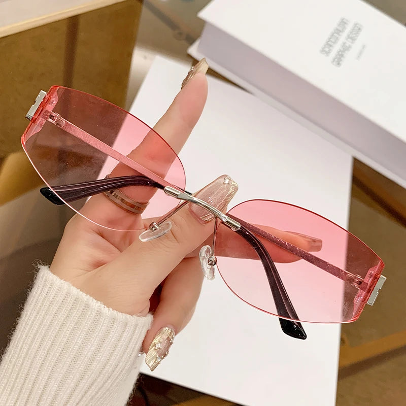 Oversized Rimless Oval Sunglasses – UV400 Metal Frame