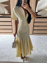 Women Fashion Solid Dress V-neck Ruffles Hem Short Sleeves Waist-cinching Draped Empire Dresses Summer Chic Elegant Summer Gown