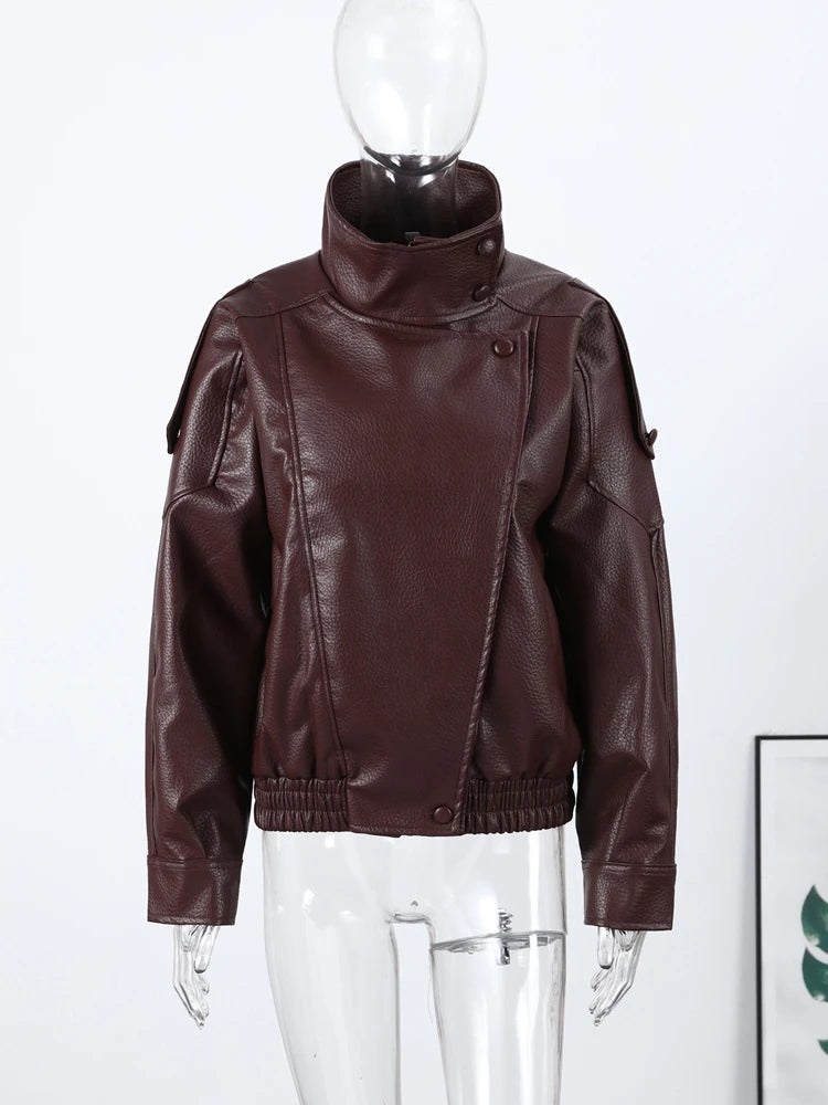 2026 Autumn Women's Faux Leather Jacket Brown Black Long Sleeve Stand Collar Thick Loose Lady Coat Fashion Motorcycle Streetwear