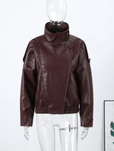 2026 Autumn Women's Faux Leather Jacket Brown Black Long Sleeve Stand Collar Thick Loose Lady Coat Fashion Motorcycle Streetwear