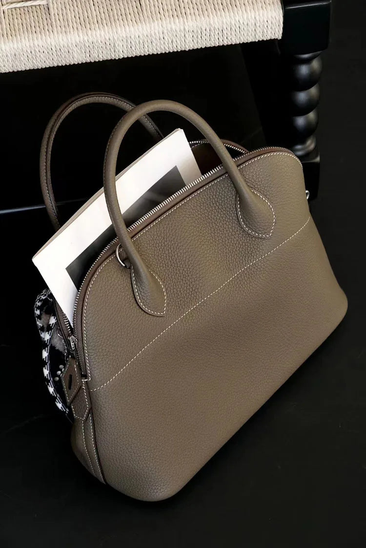 Premium Semi-handmade First-layer Cowhide Bowling Bag Portable Shoulder Large Shell Bag Commuting Temperament Versatile