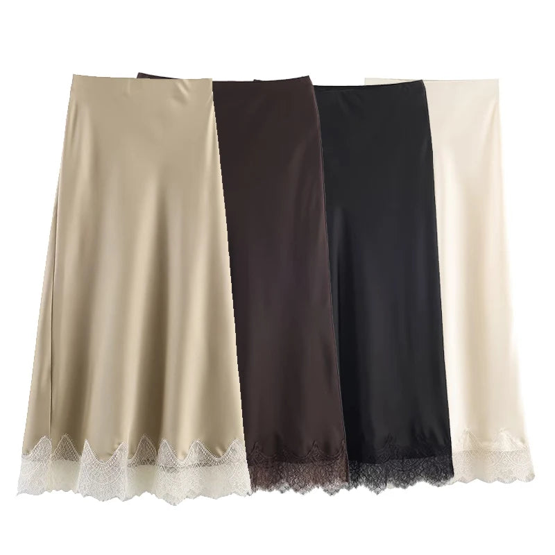 Willshela Lace Hem Pleated A-Line Midi Skirt