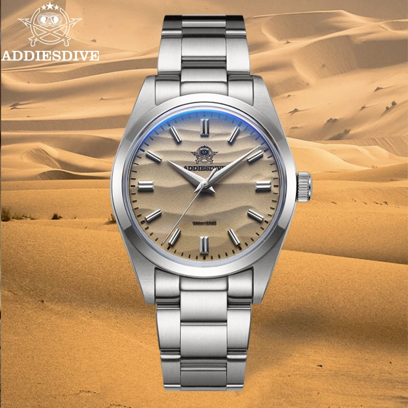 ADDIESDIVE Men's Watch 36mm Quartz Watch Diving 100m Sand Dial 316L Stainless Steel AR Bubber Glass Fashion WristWatch for Men