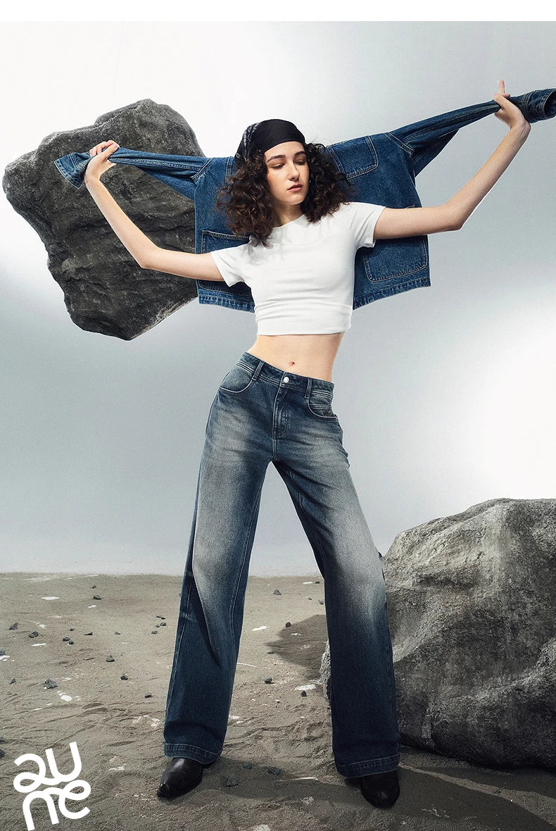 TOYOUTH Women Denim Jeans 2025 Autumn New Lycra Stretch Washed Wide Leg Straight Long Pants