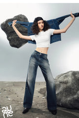 TOYOUTH Women Denim Jeans 2025 Autumn New Lycra Stretch Washed Wide Leg Straight Long Pants