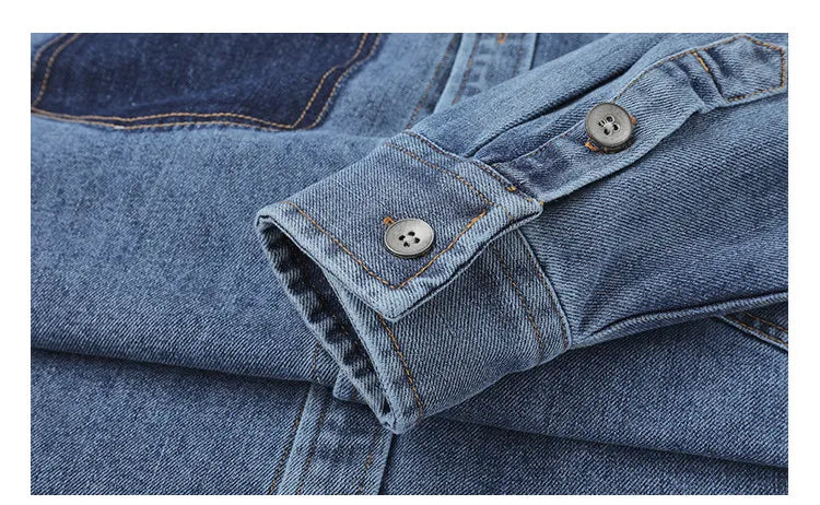 Mens High Quality Custom Weave Slub Deconstructed Patchwork Denim Shirt Trendy Distressed Wash Streetwear Casual Long Sleeve