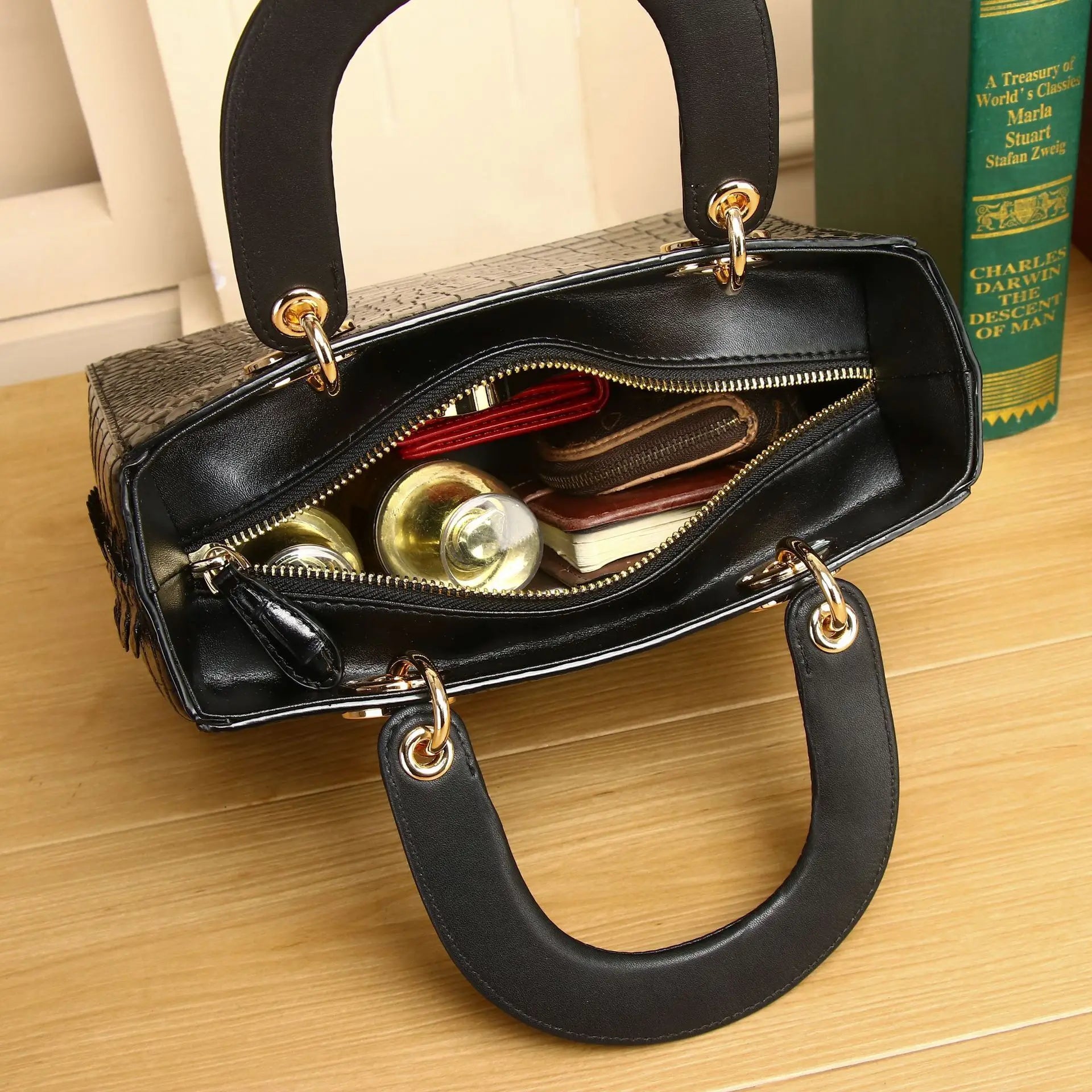 Crocodile-Embossed Genuine Leather Structured Handbag