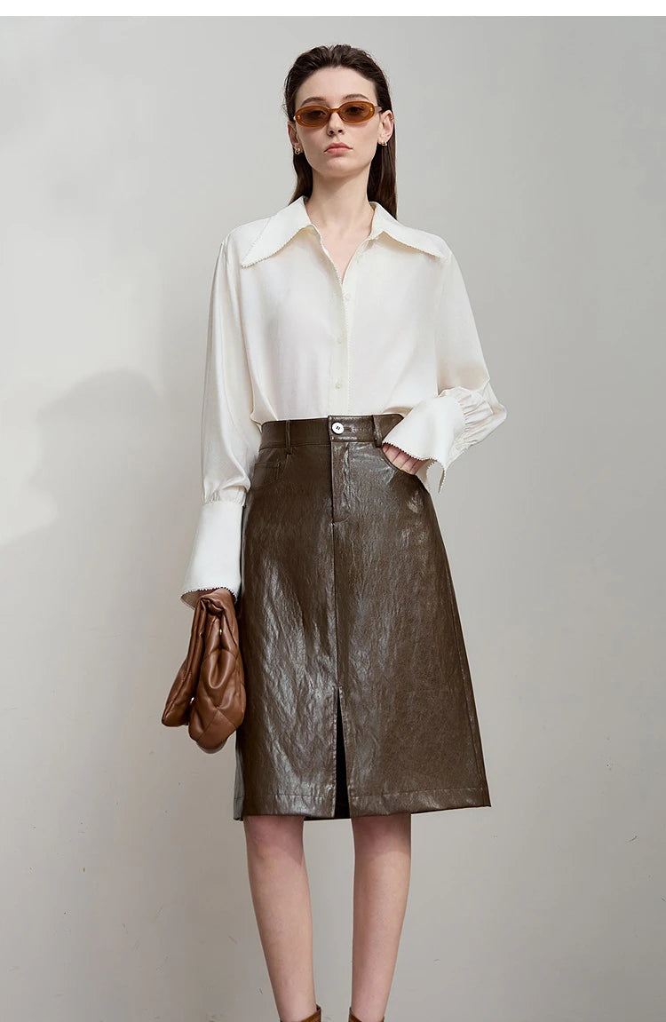 AMII Minimalist PU Leather Skirt for Women