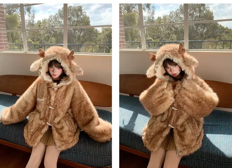 Women's Hooded Faux Fur Coat with Deer Ears