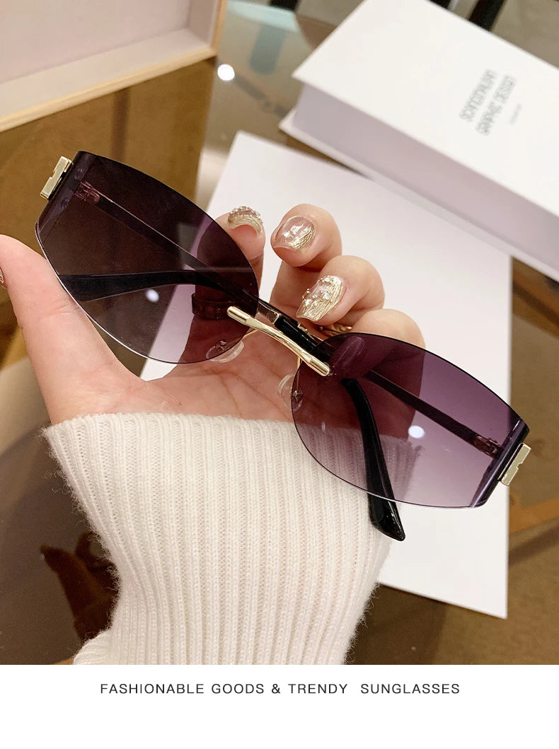 Oversized Rimless Oval Sunglasses – UV400 Metal Frame