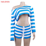 Cryptographic Casual Fashion Striped Knitted Two Piece Sets Long Sleeve Sweaters Off Shoulder Top and Shorts Matching Sets Solid