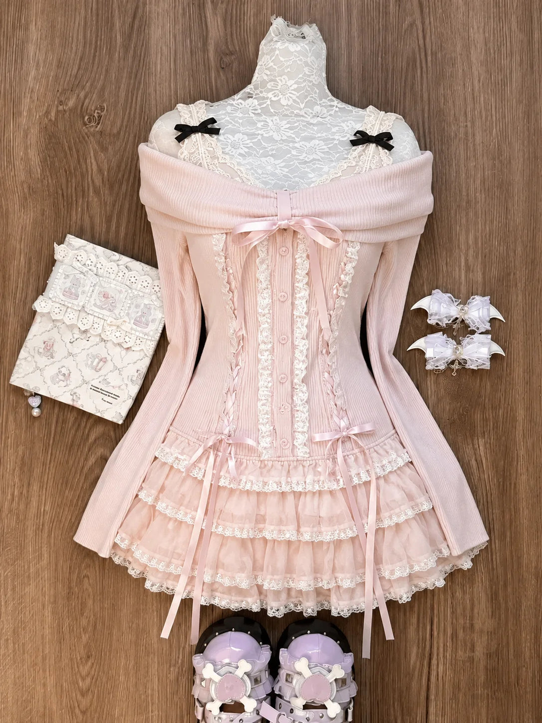 Japanese Sweet Preppy Style Skirt Set Women Kawaii Lace Patchwork Bow Tops + Y2k Plaid Mini Skirt Elegant Outifits 2 Piece Set