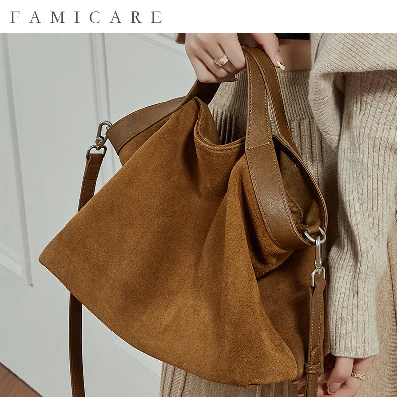 Women's Large Capacity Tote Bag 2025 New Vintage Suede Leather Spacious Crossbody Bag Commuting Versatile Trendy Premium Handbag
