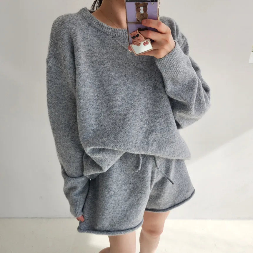 Korean Style Sweater Two 2 Piece Set Women Vintage Autumn Winter Pullover Knitted Tops + Casual Shorts 2 Piece Outfits Female