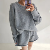 Korean Style Sweater Two 2 Piece Set Women Vintage Autumn Winter Pullover Knitted Tops + Casual Shorts 2 Piece Outfits Female