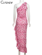 Floral One-Shoulder Ruffle Midi Dress