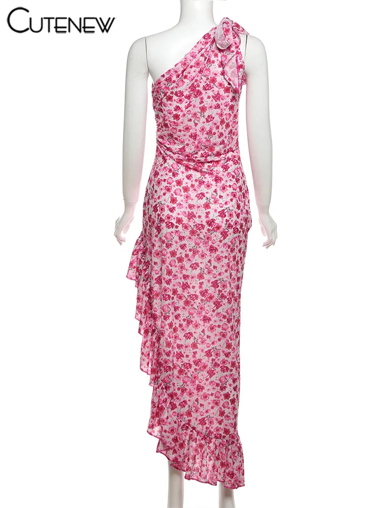 Floral One-Shoulder Ruffle Midi Dress