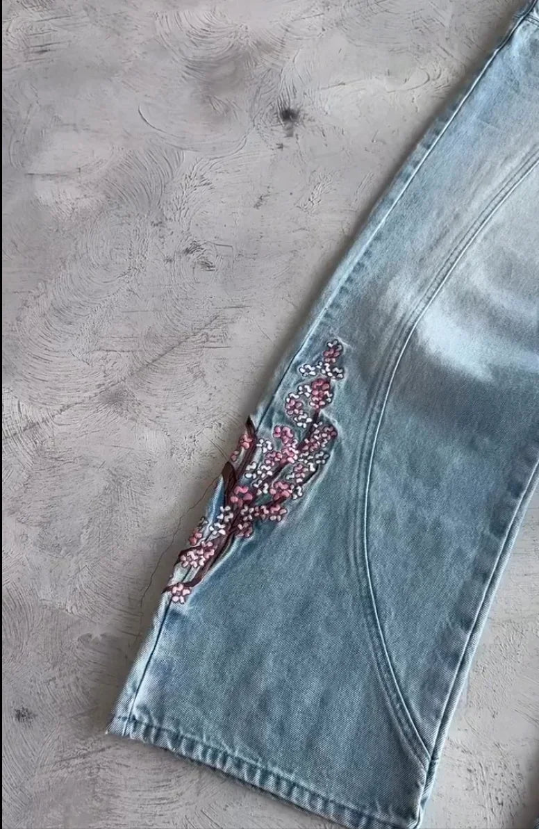 American Fashion Cherry Blossom Knight Embroidered Y2K Jeans