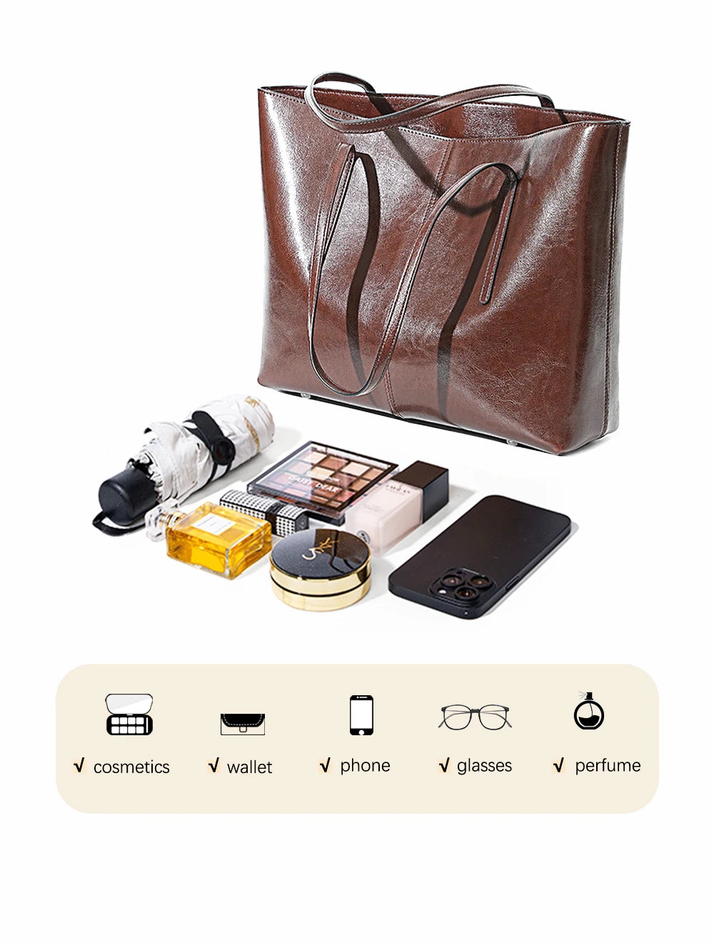 New Coffee Women Handbag 100% Genuine Leather Ladies Shoulder Purse Ladies Black Tote Bag Large Capacity Shopper Bags Brown